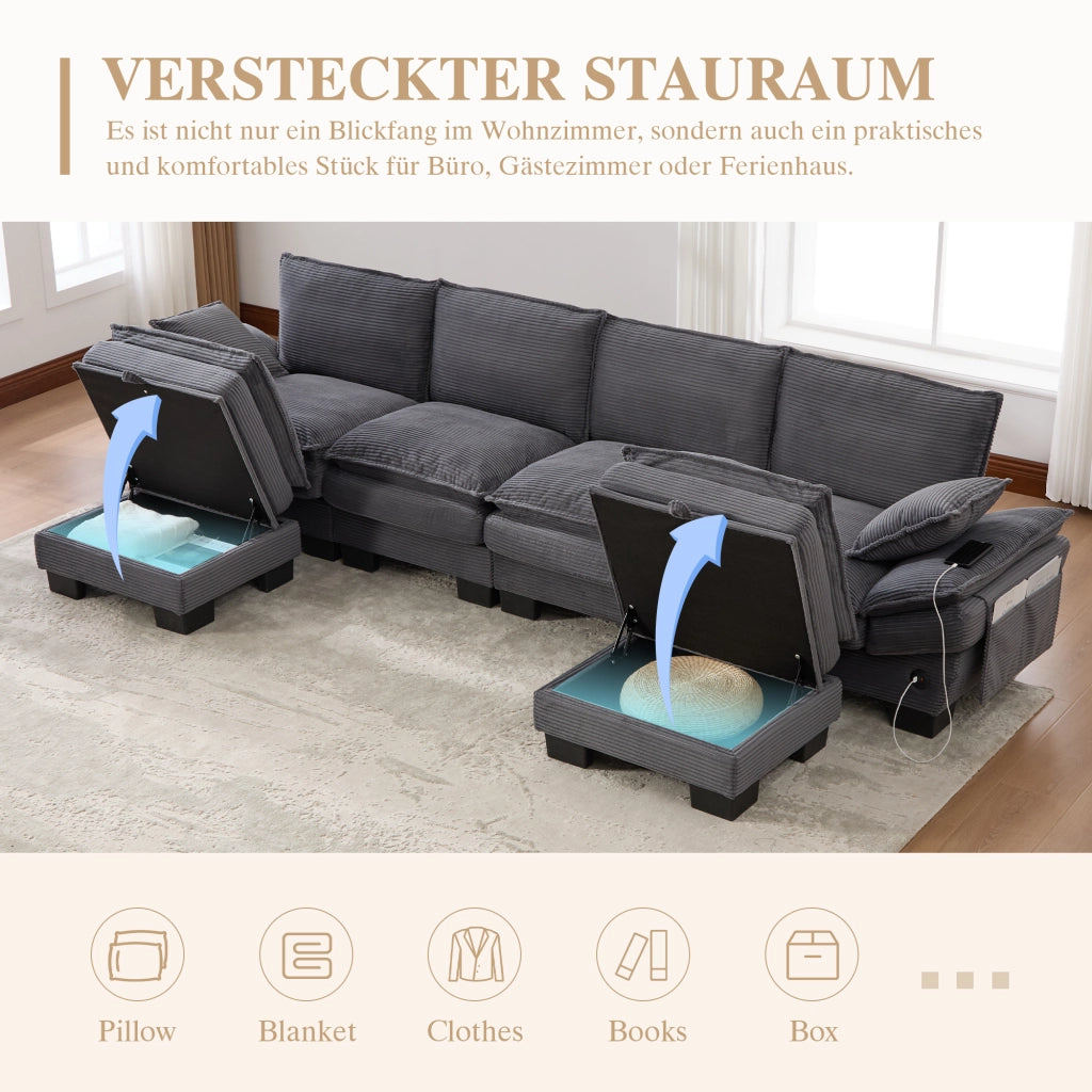Divano modulare 4 posti in velluto a coste con porta usb-c e tasche laterali grigio scuro 330 × 132 × 84 cm