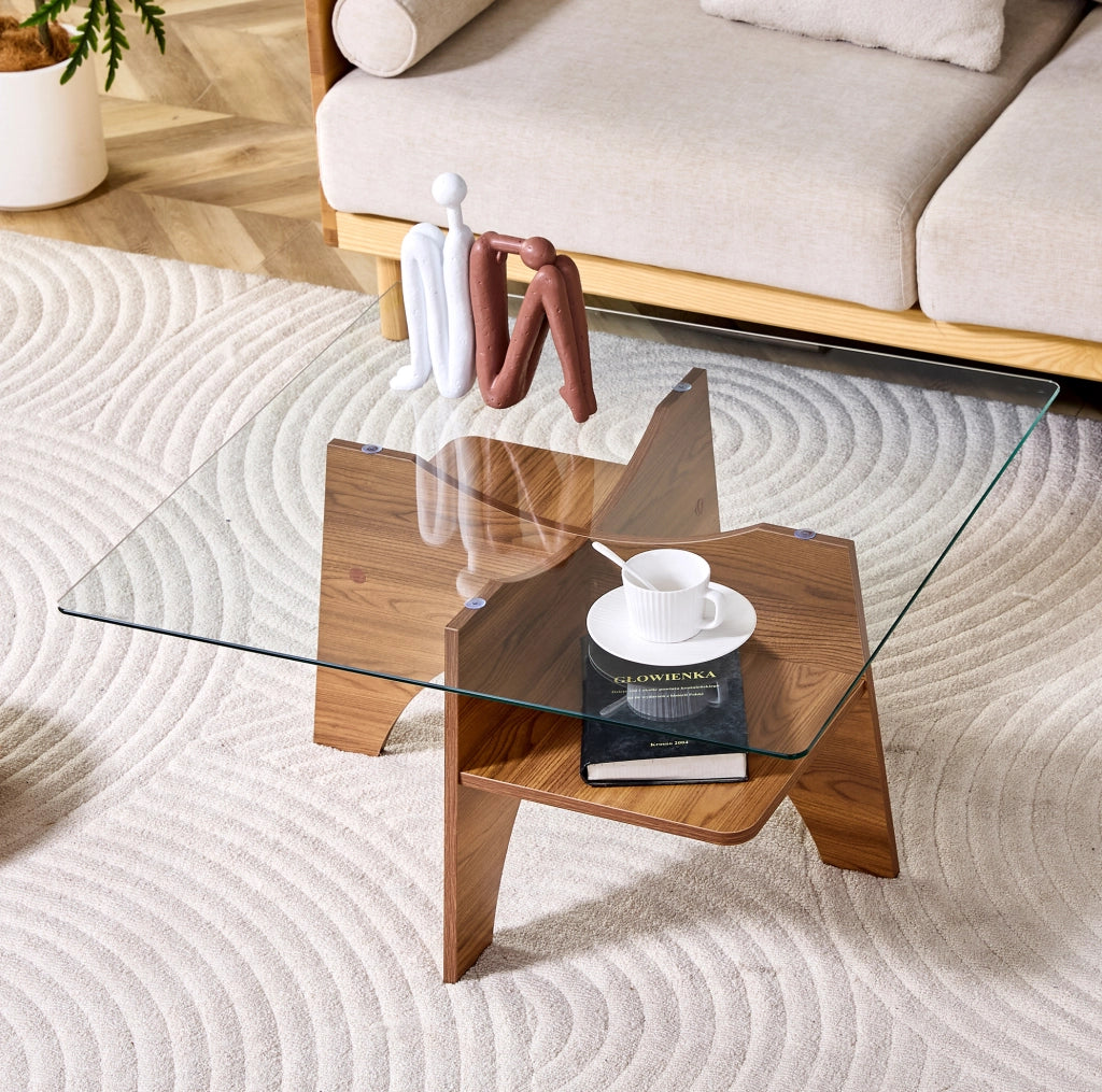 Tavolino 80x80x40 cm con piano in vetro temperato; struttura in MDF effetto noce