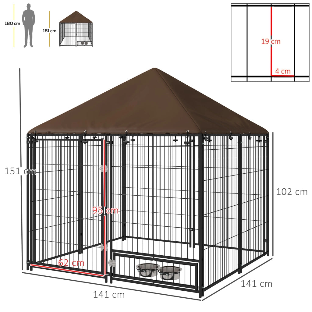Recinto per Cani in Metallo e Tessuto Oxford con Porticina per Ciotole. 141x141x151 cm. Nero e Marrone