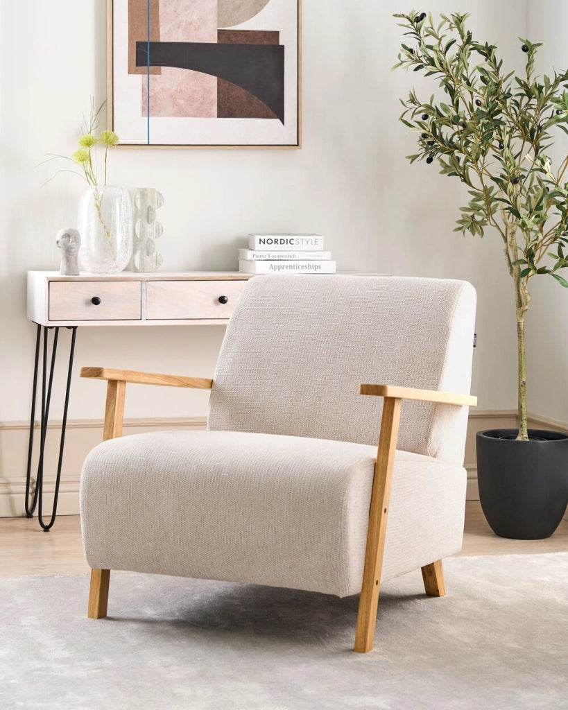 Poltrona Beige Tessuto Gambe in legno con braccioli Soggiorno moderno minimalista