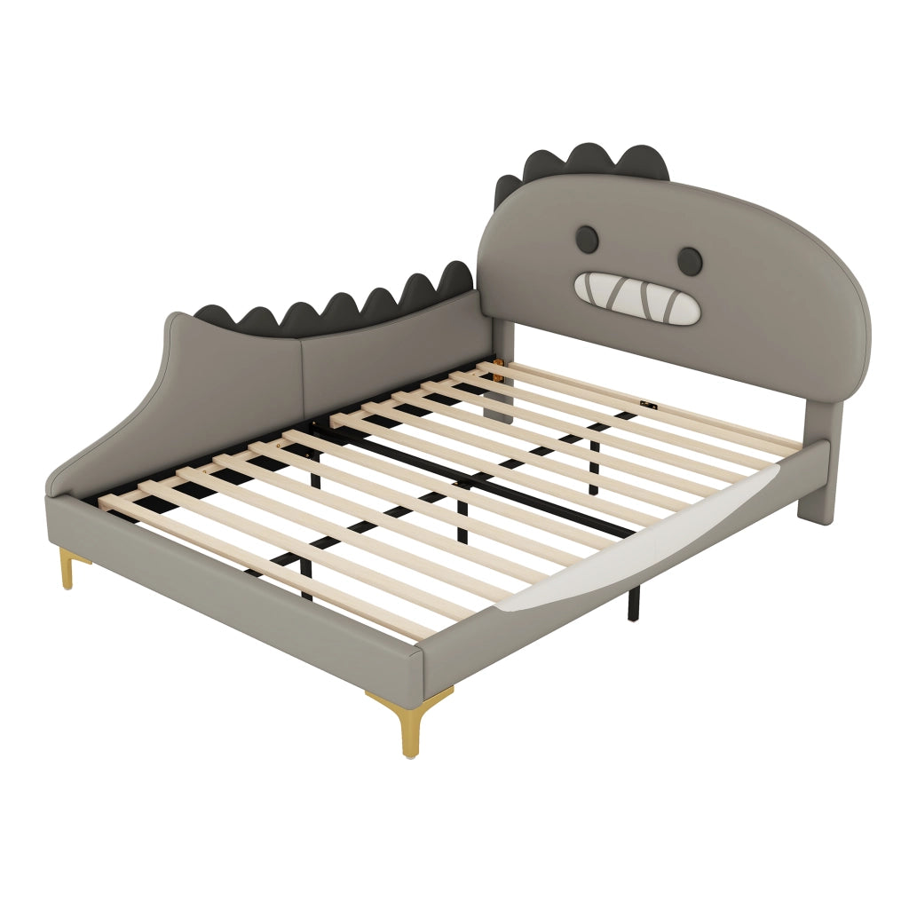 Letto basso per bambini grigio con testiera a forma di dinosauro in PU 140x200 cm