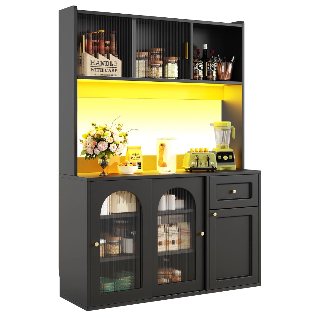 Credenza da Cucina Vetrina con Ripiani Regolabili e LED; in MDF e Pannelli di Particelle; Nero; 120x35x167 cm