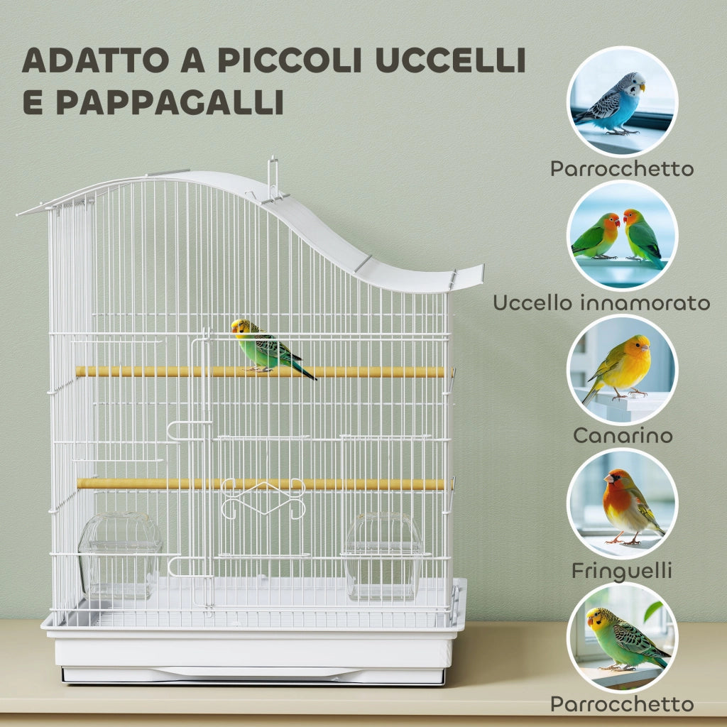 Gabbia per Uccelli a 4 Porte 47,5x36x54,5 cm con 2 Ciotole 2 Posatoi e Vassoio in Metallo e Plastica Bianco