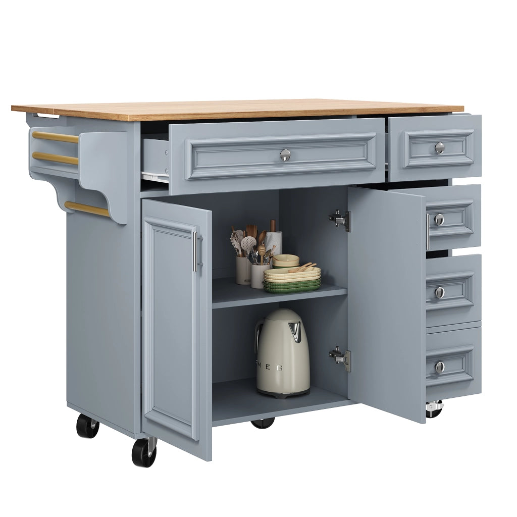 OKWISH Carrello da Cucina con Piano Pieghevole, Cassetti e Ripiani Regolabili, in MDF, Azzurro