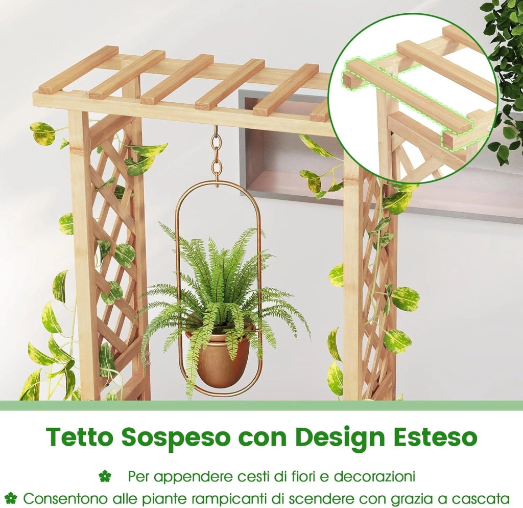 Letto da Giardino Rialzato con Traliccio, Fioriera Rialzata in Legno con Tetto Pendente, Fori di Drenaggio per Piante Rampicanti, Fiori e Verdure (Naturale)