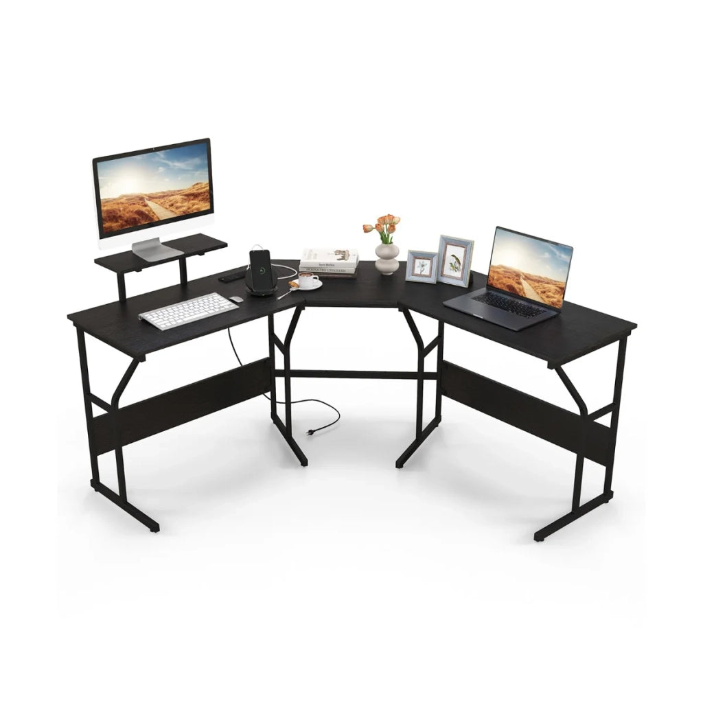 Scrivania angolare 225 x 48 x 91 cm con multipresa integrata e supporto per monitor rimovibile stile moderno legno e metallo nero 20_0010902