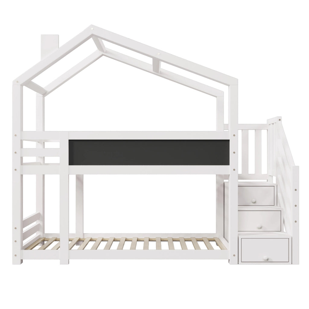 Letto a castello 90x200 cm a casetta con scala contenitore e lavagna in truciolare e legno bianco
