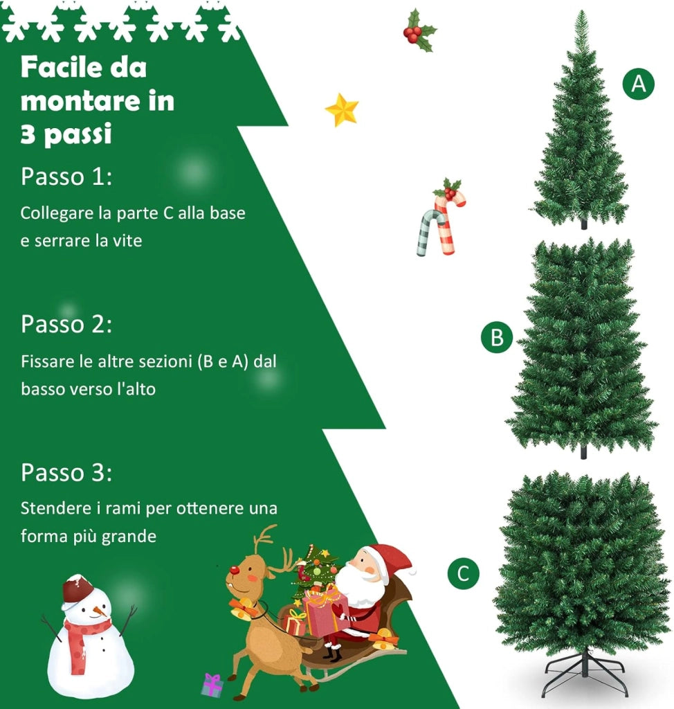 Albero di Natale Slim 150/180/210/240/270 cm, Albero di Natale Artificiale con 220/400/700/1000/1500 Rami e Base in Metallo, Decorazioni Natalizie per Casa e Negozio (210 CM)