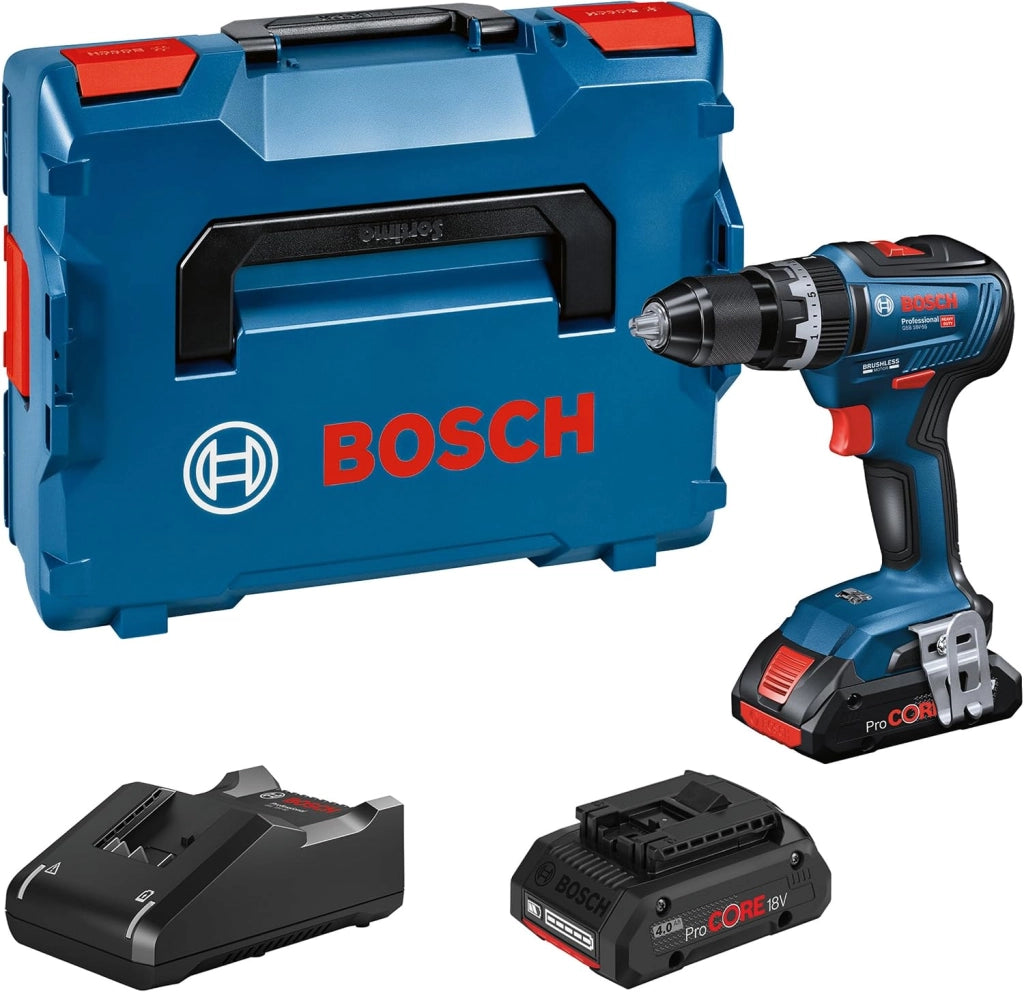 Bosch Professional 06019H5301 Trapano a Percussione Gsb 18 V 55, 2X2.0Ah Batterie e Caricatore, Diametro Foro in Muratura: 10 mm, in L-Boxx, Blu