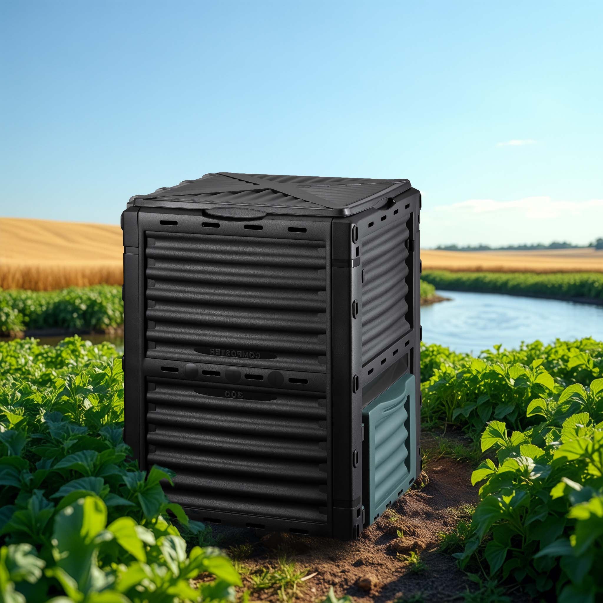 Compostiera da 300 litri 61 x 61 x 82 cm, compostiera da giardino in plastica per rifiuti organici, con coperchio e sportello inferiore per lo svuotamento