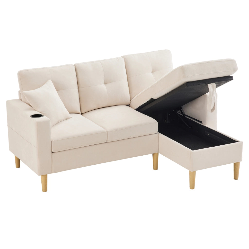 Divano Angolare 3 Posti con Chaise Longue Reversibile con Contenitore; Portabicchieri e 2 Cuscini in Cotone Lino Beige