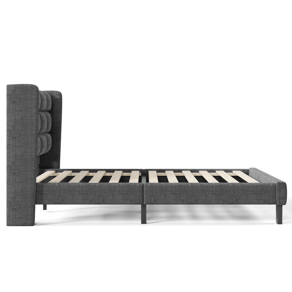 Letto matrimoniale imbottito 140x200 cm con testiera e rete a doghe; lino grigio