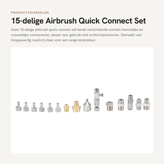 Adattatore per pennello ad aria 15-delig - Connettore di rapida accoppiatura - Connettori 1/8 pollici/1/4 pollici - Acciaio inossidabile - Facile da installare - Per compressore di aria - Connettori per compressore di aria