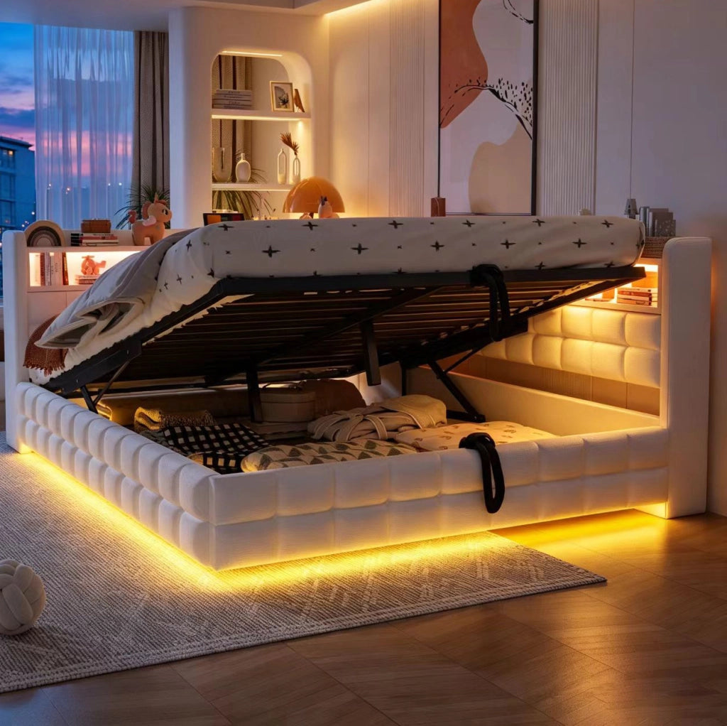 Letto imbottito trasformabile 140x200 cm in velluto beige con contenitore; LED e prese