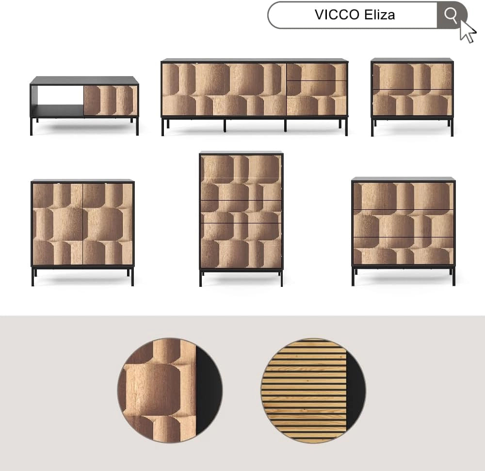 Lowboard Eliza, Nero/quercia, 150 x 60 cm con 3 cassetti, utilizzabile come supporto TV e per la conservazione