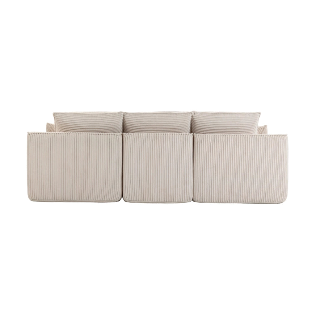 Divano modulare a 3 posti in corduroy beige con pouf; tasche laterali e cuscini 263x167x85 cm