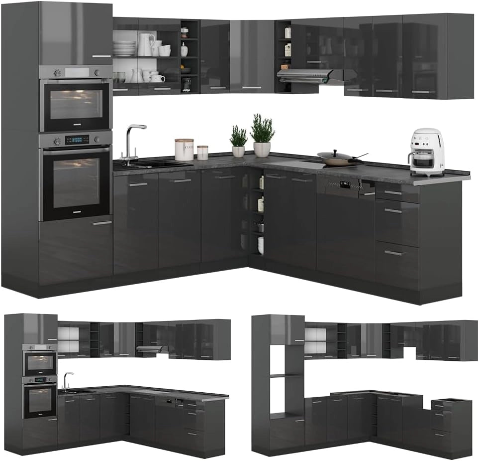 Cucina angolare completa R-Line, Antracite lucido, 247 x 60 cm, PL Antracite, per una pianificazione cucina flessibile e un'estensione modulare