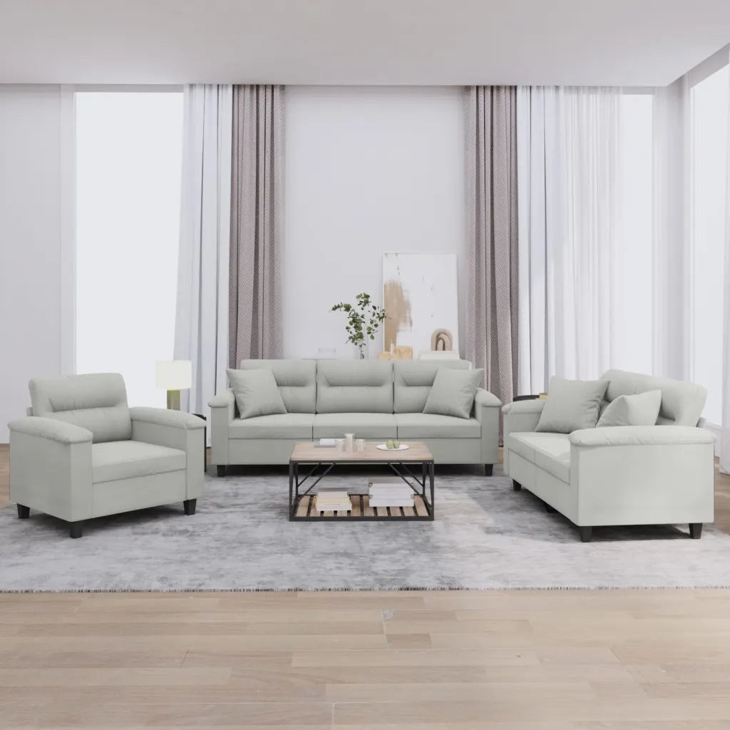 Set Divani 3 pz con Cuscini Grigio Chiaro in Tessuto Microfibra 3202303