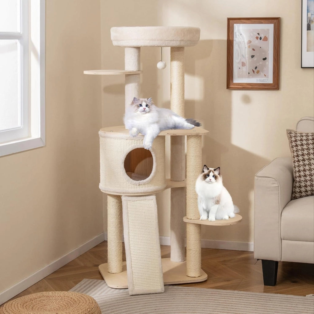Albero per Gatti, Tiragraffi per Gattini in Legno Alto 143 cm con 2 Posti per Grattare in Sisal, Condominio, Piattaforma, Giocattolo Sospeso e Cuscino Lavabile, Mobile Moderno per Arrampicata