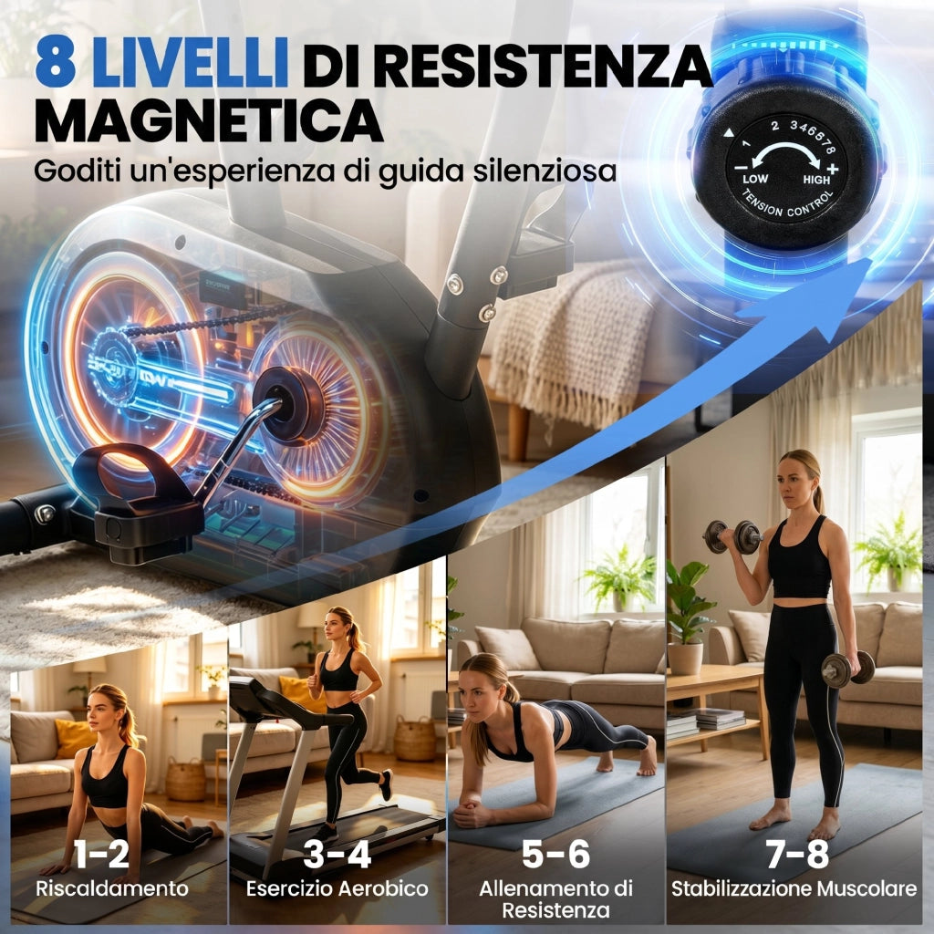 Cyclette Magnetica con Resistenza a 8 Livelli 86x51x128 cm Display LCD e App Bluetooth in Metallo Nero
