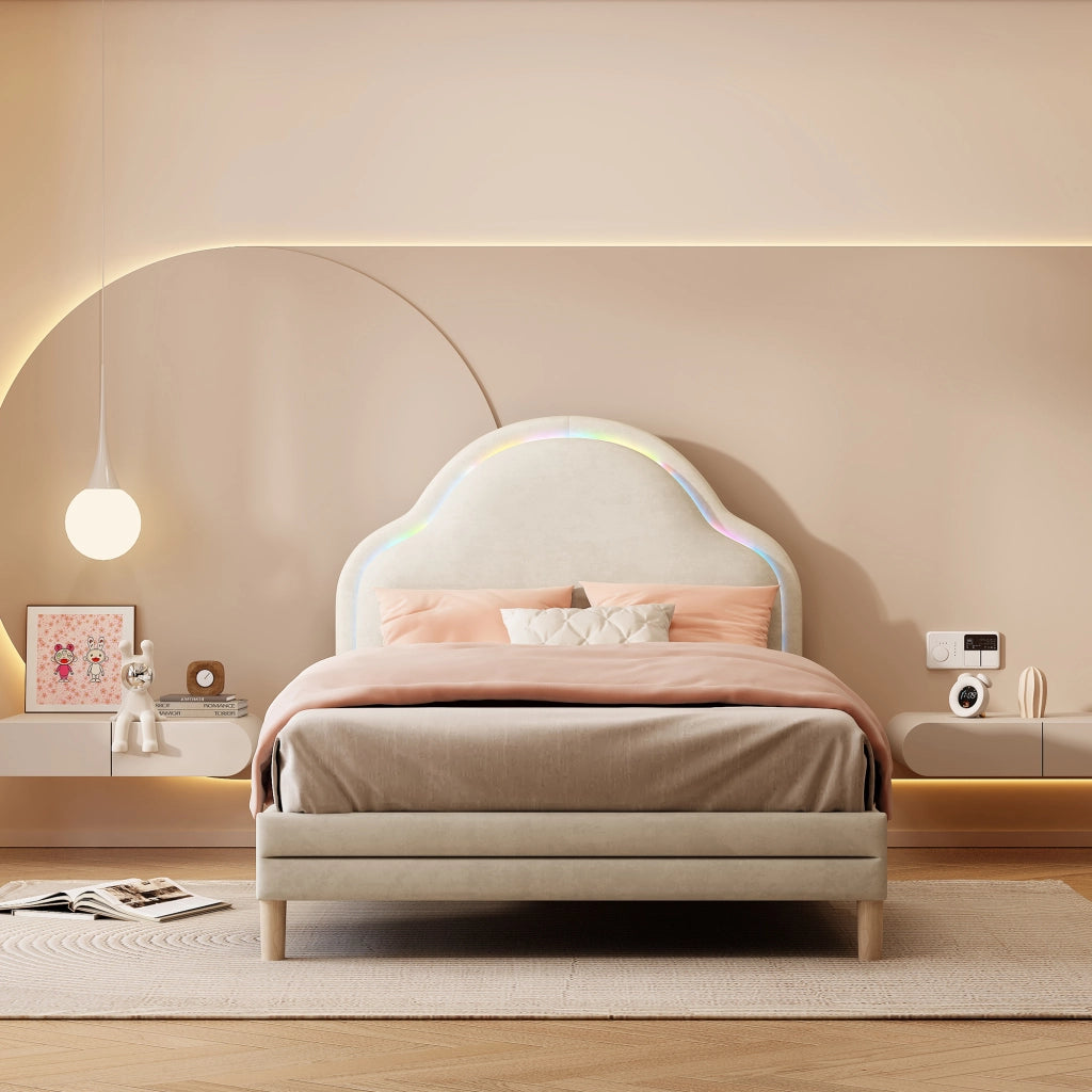 Letto Singolo per Bambini con LED Regolabile e Testiera a Nuvola; 90×200 cm; Senza Materasso; Beige