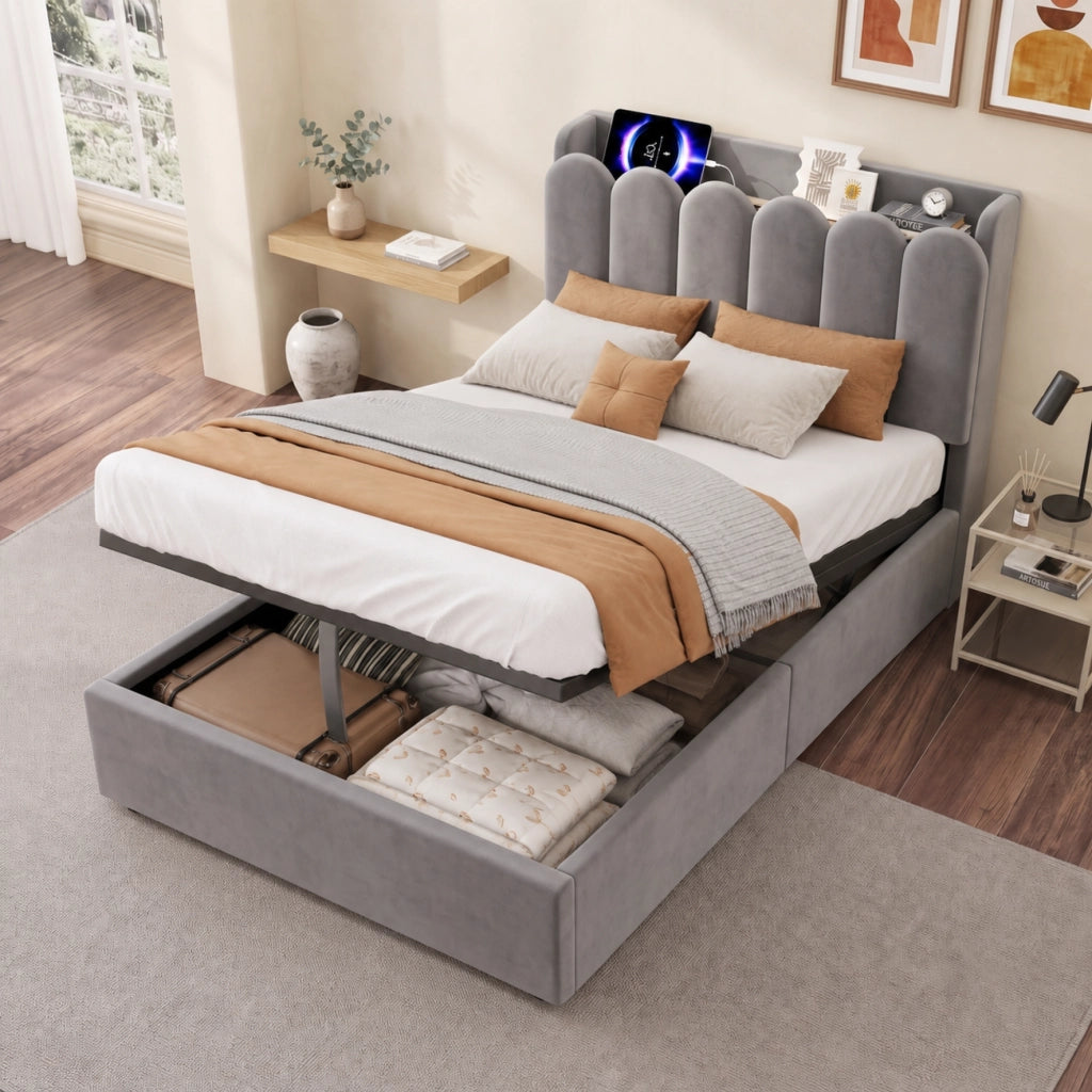 Letto 90x200 cm con contenitore idraulico; velluto grigio