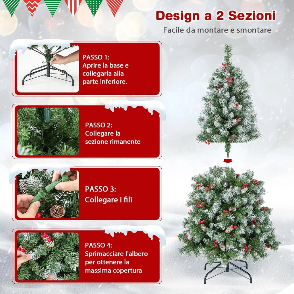 Albero di Natale Pre-Illuminato 150 cm, Albero di Natale con 200 Luci LED Bianche Calde, 8 Modalità di Illuminazione, 450 Punte di Ramo, Bacche Rosse e Pigne (150 cm)