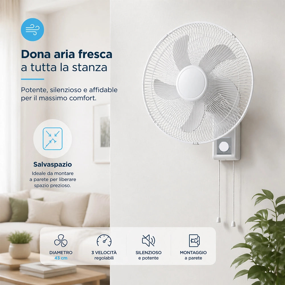 Ventilatore da Muro Ø43 cm 65W Raffrescatore Silenzioso 3 Velocità a Parete Bianco