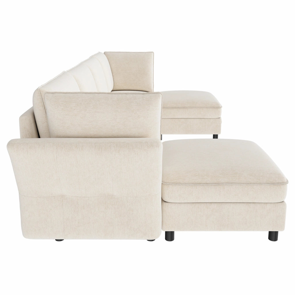 Divano angolare modulare a U con spazio contenitore e cuscini per 6-7 persone, in ciniglia beige, 289 × 137 × 84 cm
