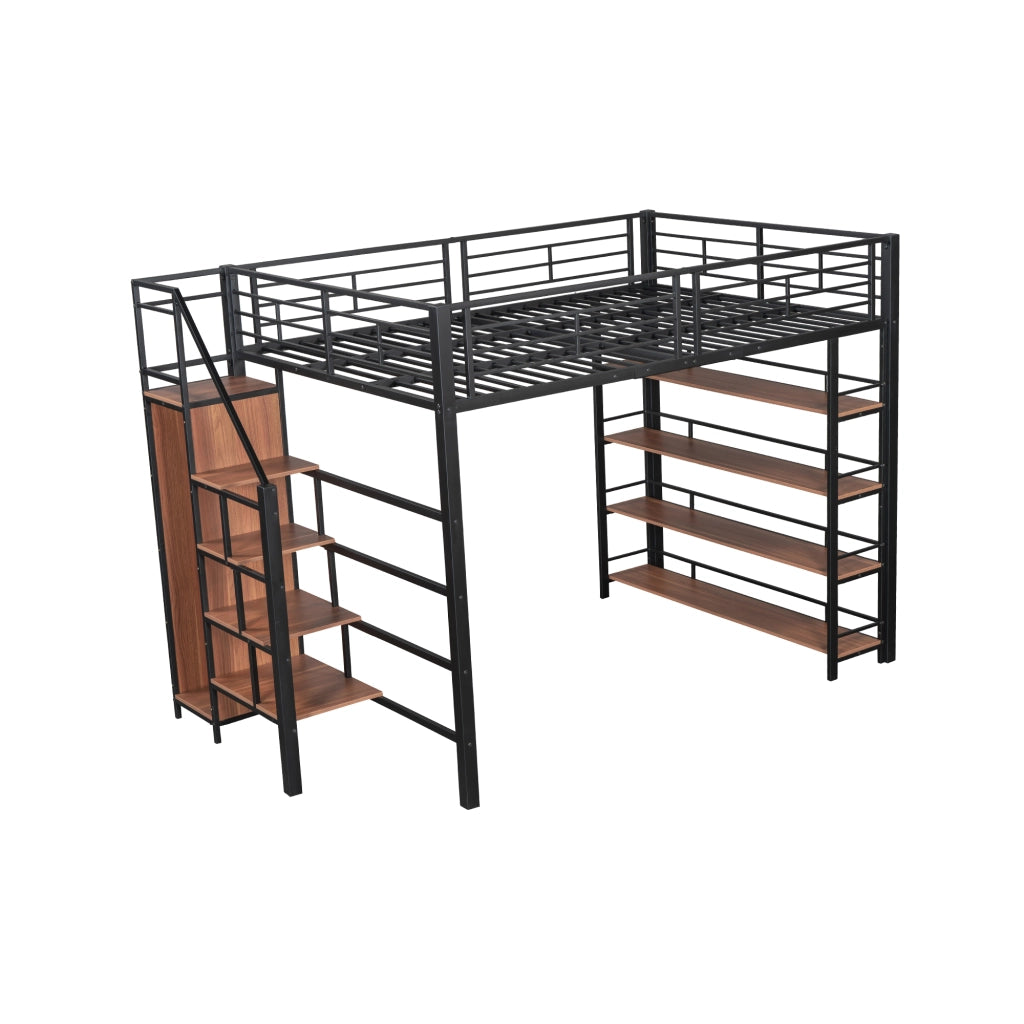 Hochbett nero in metallo con scala portaoggetti recinzione alta 140x200 cm