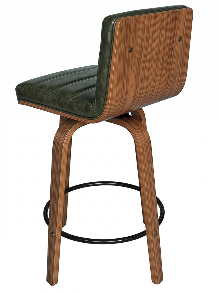 Sgabello da bar in pelle PU con schienale ergonomico e anello poggiapiedi in metallo e legno verde