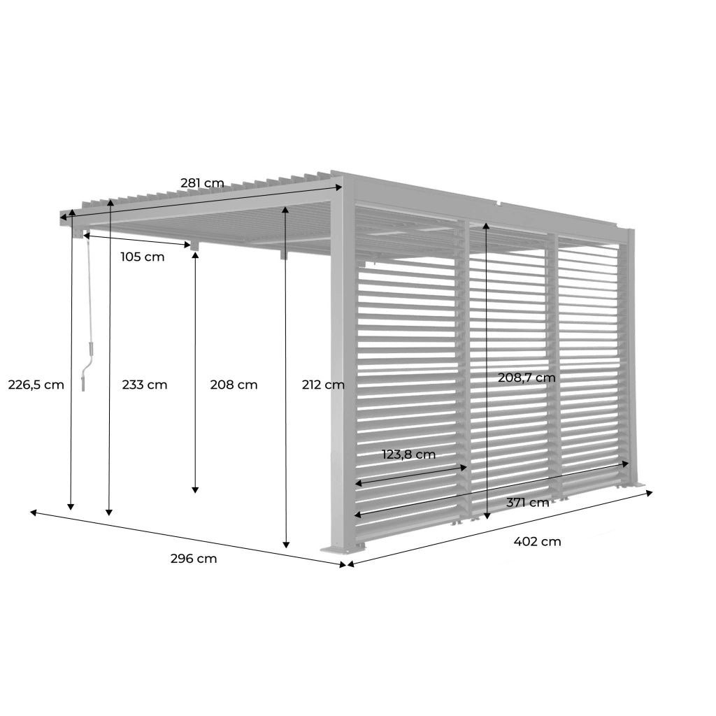 Pergola bioclimatica in alluminio addossata 4x3m + 3 persiane 130cm