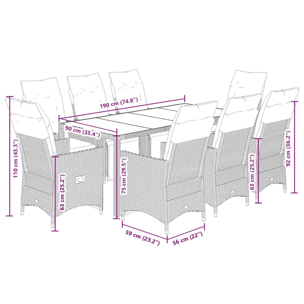 Set da Pranzo da Giardino 9 pz con Cuscini Nero in Polyrattan 3276860