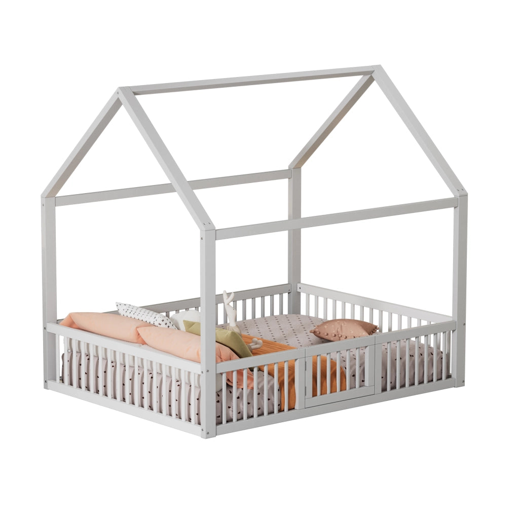 OKWISH Letto a casetta 140×200 cm, Letto Matrimoniale con Sponde di Sicurezza, Porticina e 15 Doghe, senza Materasso, in Pino, Bianco