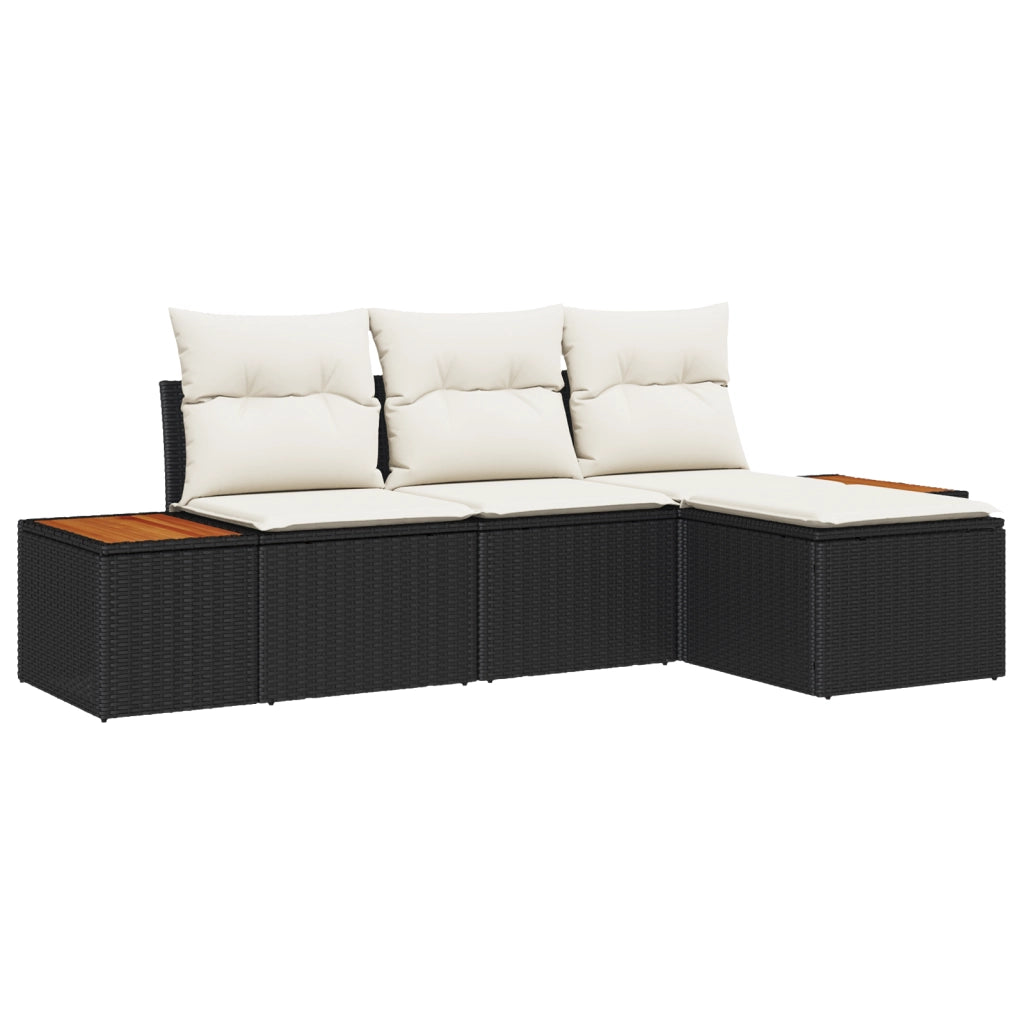 Set Divano da Giardino  4 Pezzi con Cuscini Rattan Polio Nero Acacia
