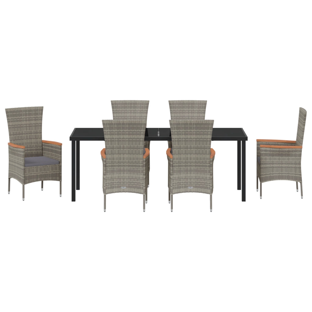 Set da Pranzo per Giardino da 7 Pezzi con Cuscini Rattan Poliestere Grigio