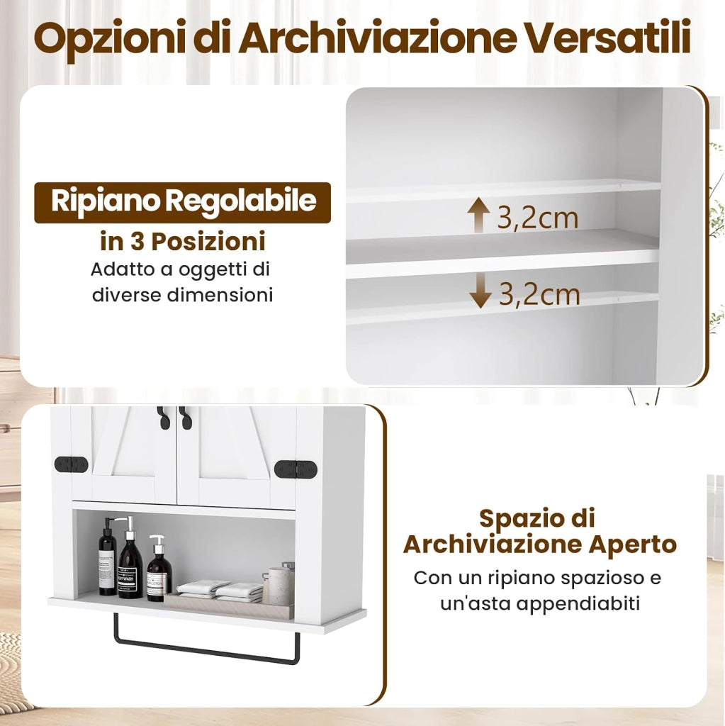 Mobiletto da Parete per Bagno con Porta Asciugamani, Armadietto Farmhouse con Ante a Botte & Ripiano Regolabile, Organizer da Muro Sopra il WC per Lavanderia, Cucina e Soggiorno
