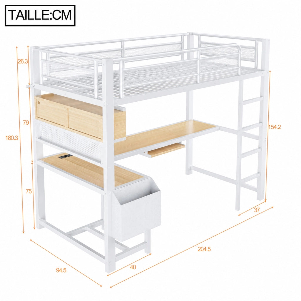 LETTO a soppalco con scrivania e LED 90x200 cm MDF e metallo Bianco