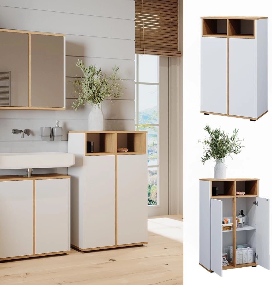 Mobiletto bagno Didi, Bianco/Artisan, 60 x 97 cm con 2 porte, per la conservazione di articoli da bagno e prodotti per la cura personale