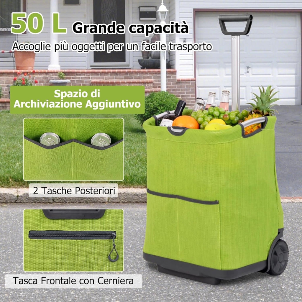 Carrello Spesa Pieghevole in Alluminio, Trolley Spesa con Ruote, Tasche Multiple e Manico Telescopico Regolabile, Capacità 50L, Caricabile fino a 35 kg (Verde)