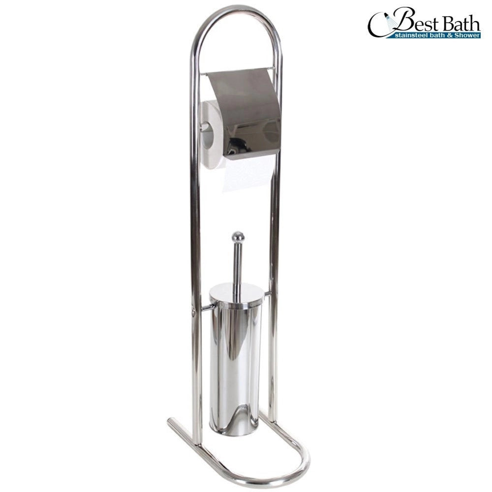 Trade Shop - Piantana Porta Rotolo Con Scopino Da Bagno Metallo Lucido Cromato Bagno Wc 80 Cm -