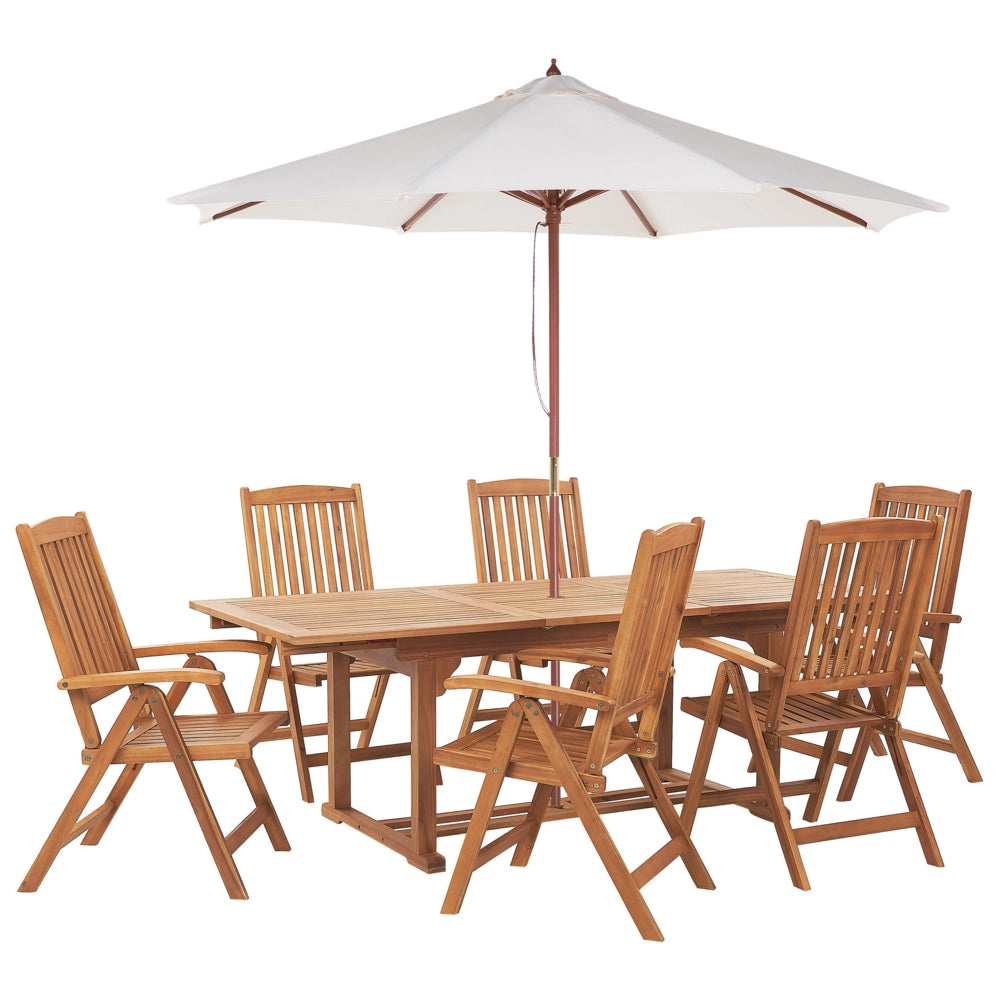 Set da pranzo da giardino in legno di acacia con ombrellone Sedie pieghevoli regolabili a 6 posti in stile country per esterni