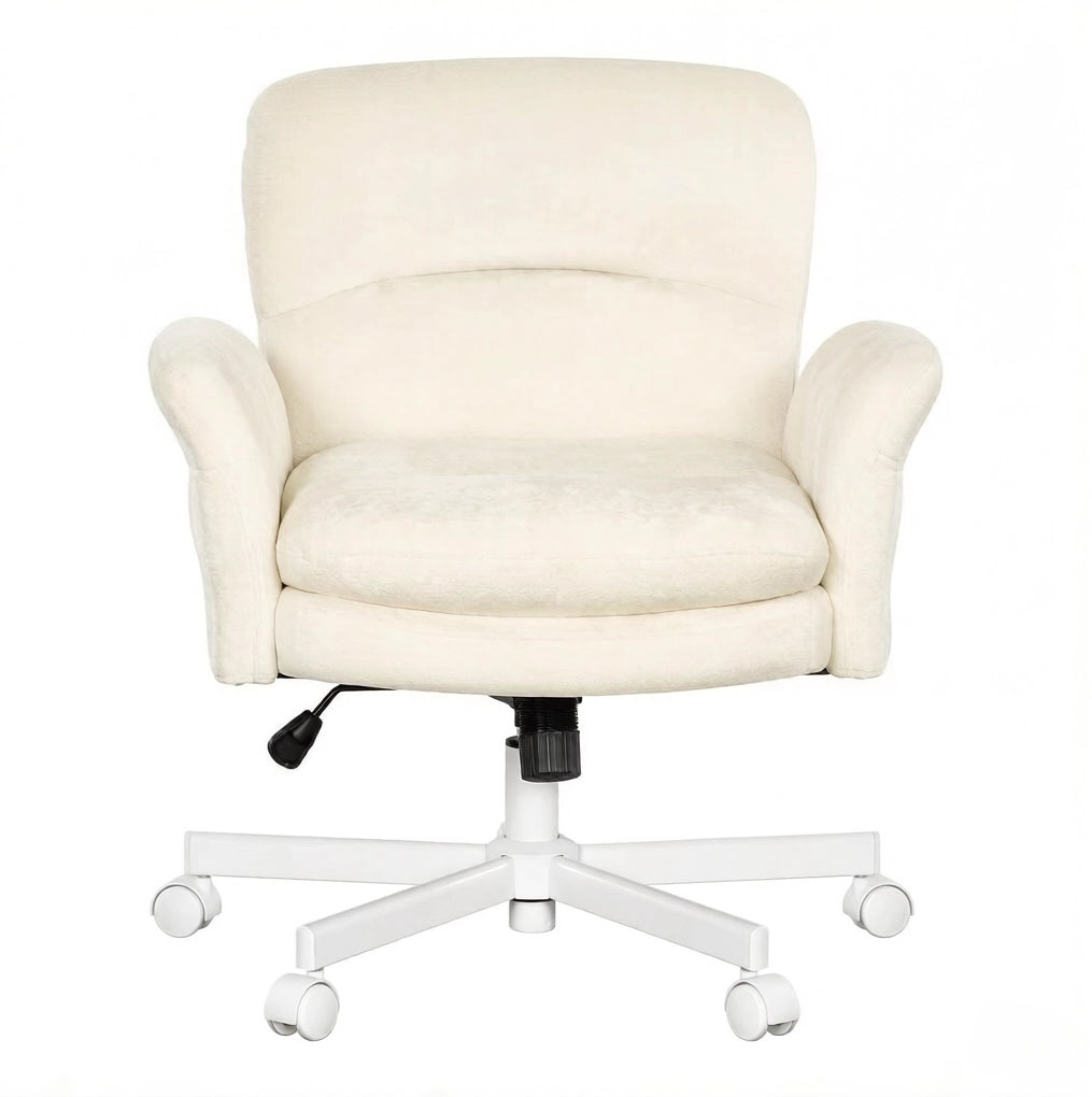 Sedia girevole da ufficio in chenille beige con schienale imbottito e braccioli regolabili
