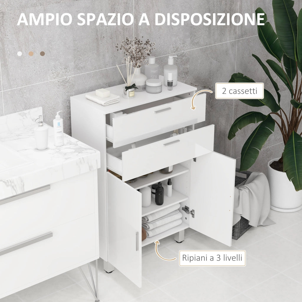 Mobile Bagno 60x30x93 cm con 2 Cassetti e Armadietto Rivestimento in Melamina Bianco