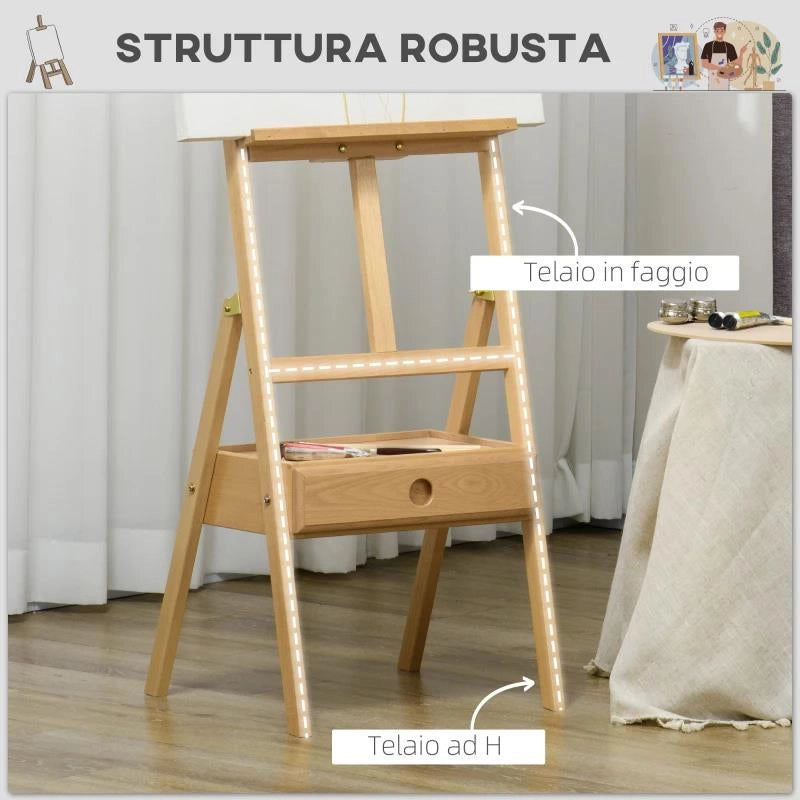 CAVALLETTO DA PITTORE AD ALTEZZA REGOLABILE CON CASSETTO, IN LEGNO DI FAGGIO, 43.5X43X150-190 CM