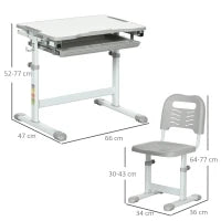 Banco Scuola per Bambini 6-12 Anni con Sedia e Altezza Regolabile, Piano Inclinabile, 66x47x52-77 cm, Grigio