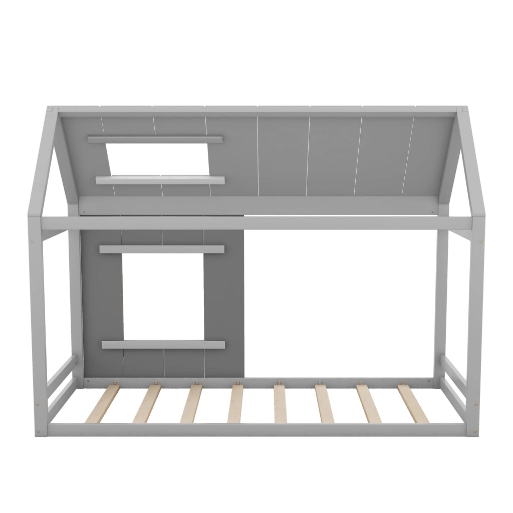 OKWISH Letto a casetta 90×200 cm, Letto Singolo con Tetto, Finestra e 8 Doghe, senza Materasso, in Pino e MDF, Grigio