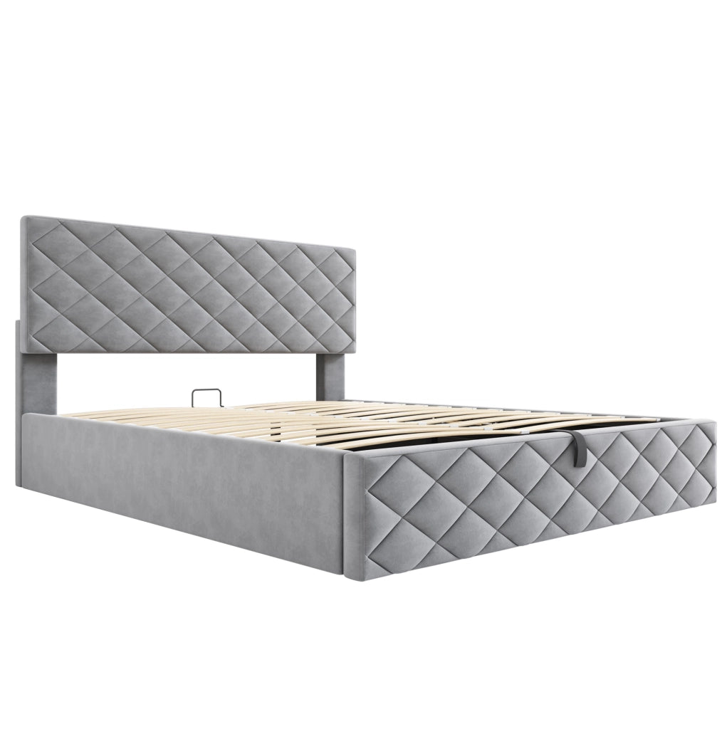 Letto imbottito 140x200 cm con contenitore e rete a doghe in velluto grigio