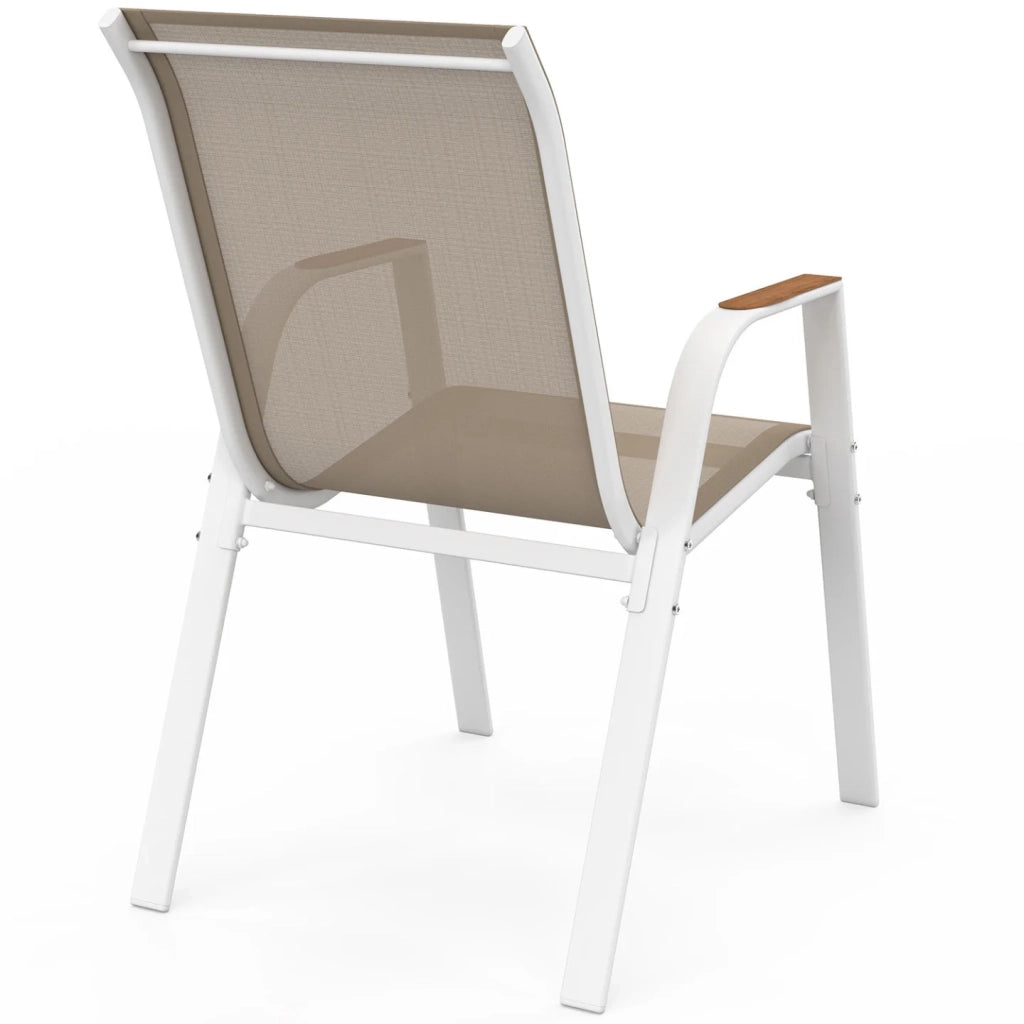 IDMarket - Set di 4 sedie da giardino impilabili NOUMEA in metallo e textilene, bianco e legno