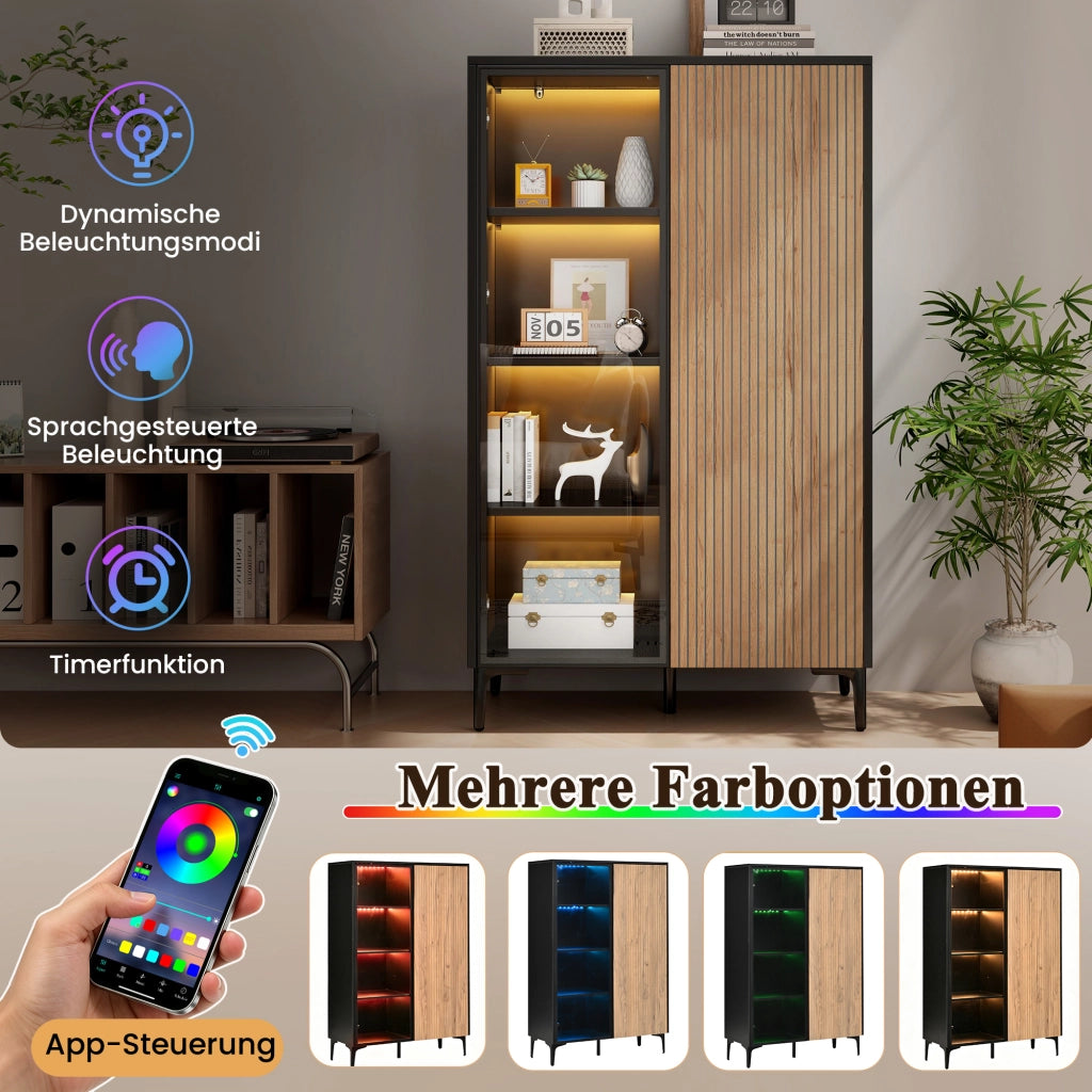 Vetrina con 2 ante e 8 vani, LED RGB controllato da app, per soggiorno, in MDF, nero naturale, 90 × 40 × 135 cm